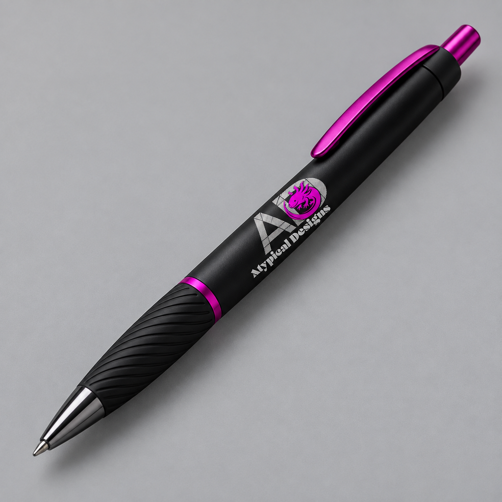 Branded pen mockup, approximately 5.5 inches long, with Atypical Designs sample artwork