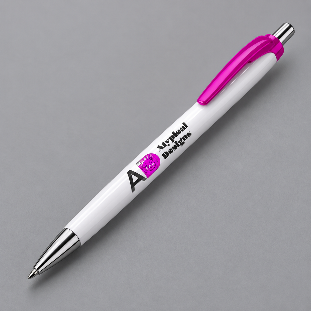 Branded pen mockup, approximately 6 inches long, with Atypical Designs sample artwork