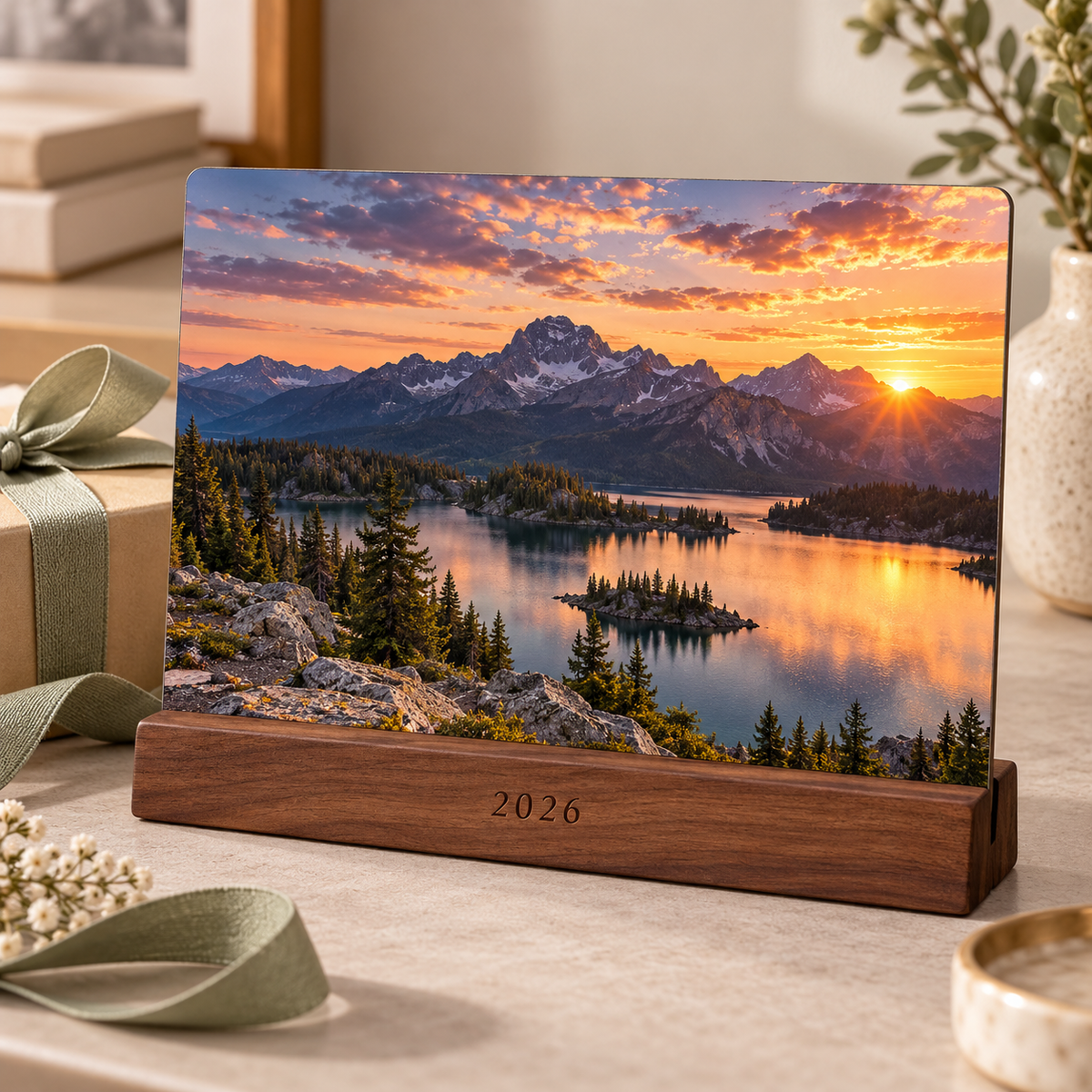 Personalized photo plaque with sample mountain landscape