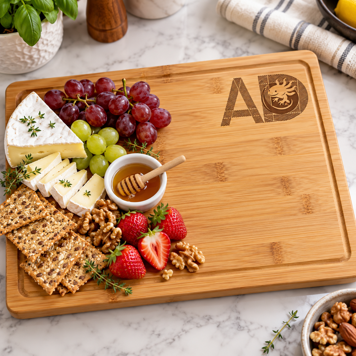 Personalized bamboo serving board with sample engraved artwork