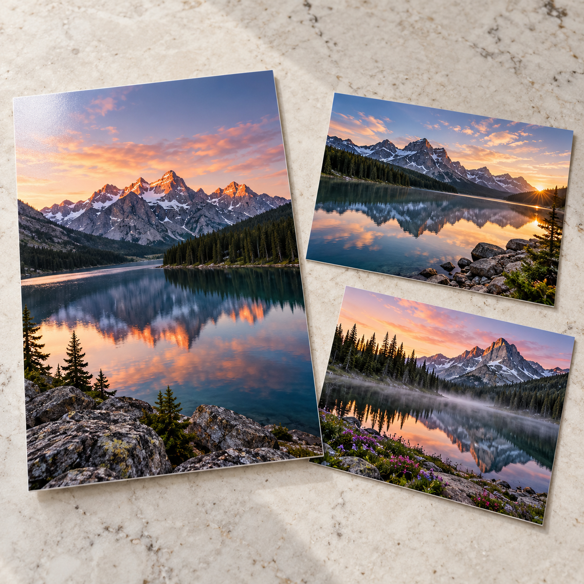 Sample photo prints featuring a mountain landscape