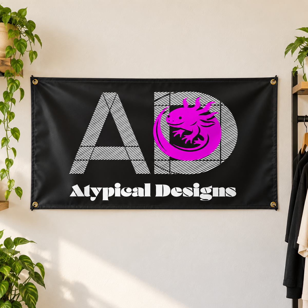 Atypical Designs custom banner mockup, 2 by 4 feet