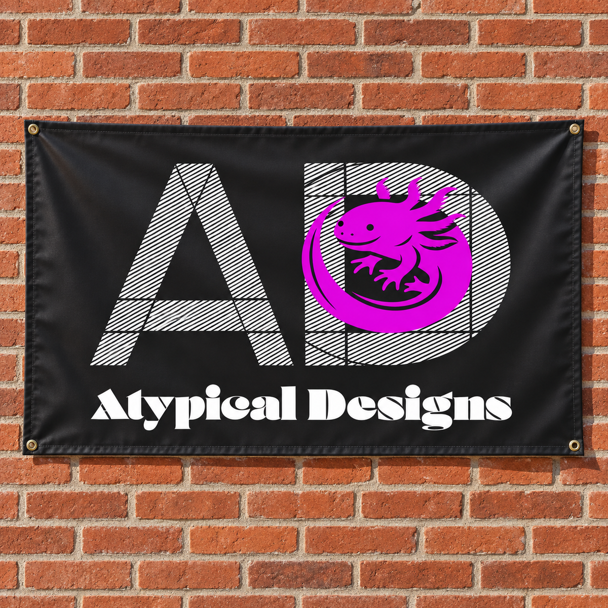 Atypical Designs custom banner mockup, 3 by 5 feet