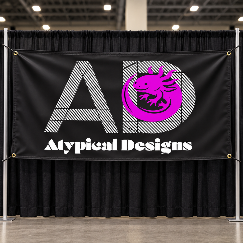 Atypical Designs custom banner mockup, 3 by 6 feet