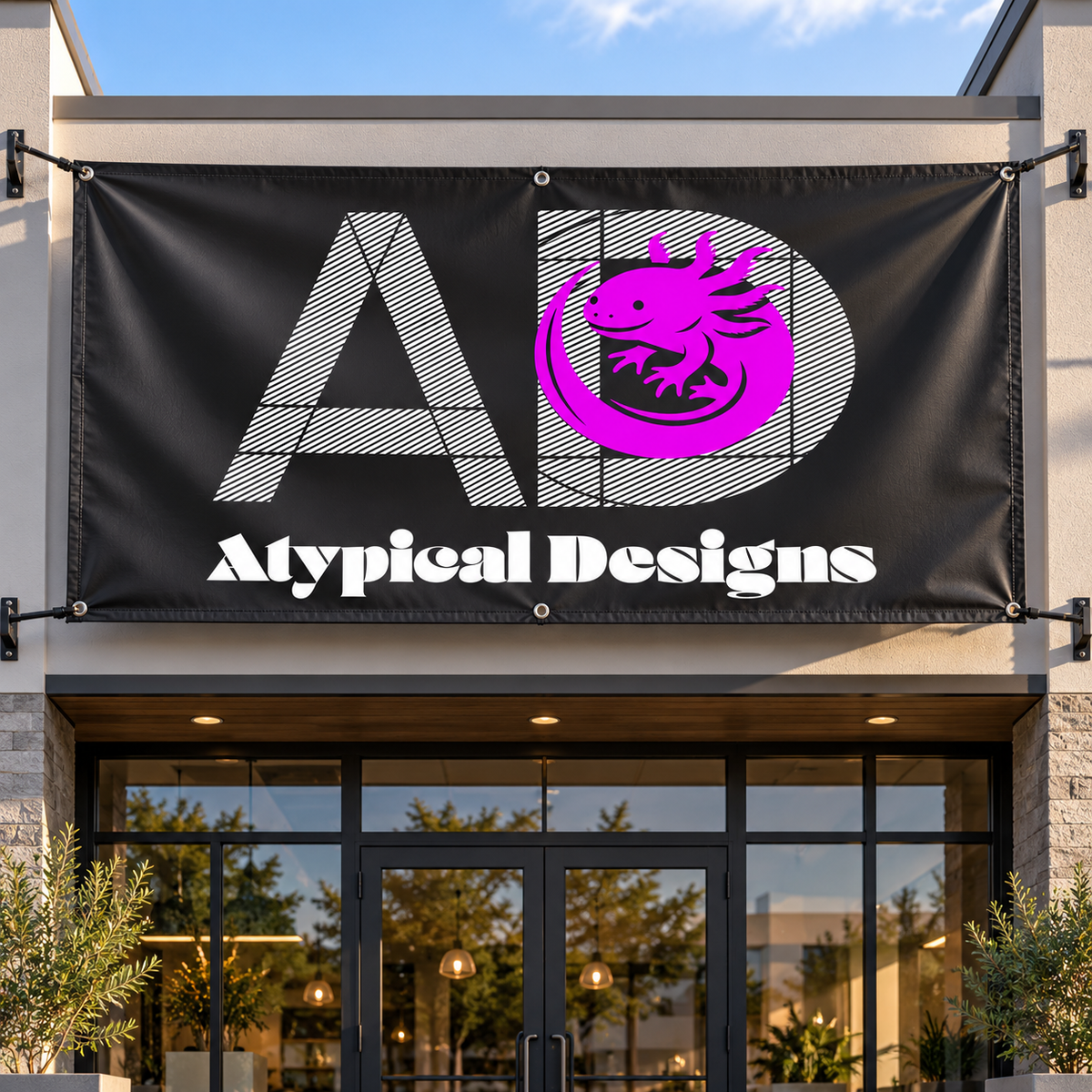 Atypical Designs custom banner mockup, 4 by 8 feet