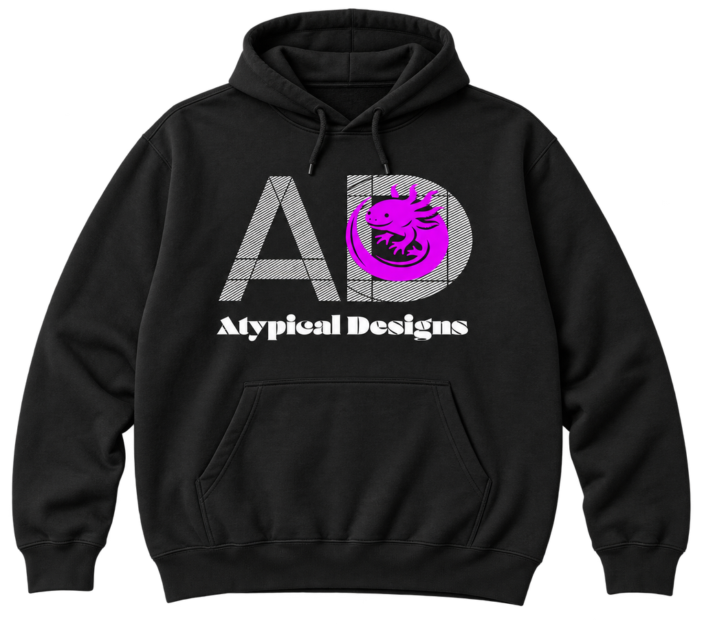 Custom Outerwear 2XL black hoodie mockup featuring Atypical Designs logo