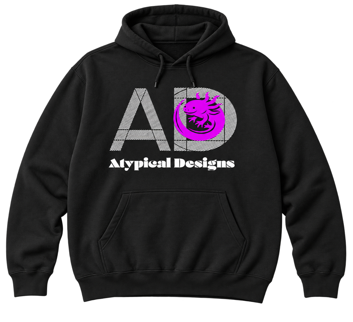 Custom Outerwear 2XL black hoodie mockup featuring Atypical Designs logo