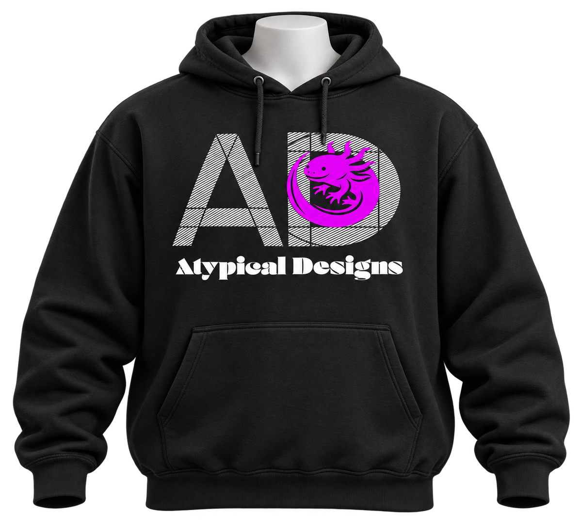 Custom Outerwear 3XL black hoodie mockup featuring Atypical Designs logo