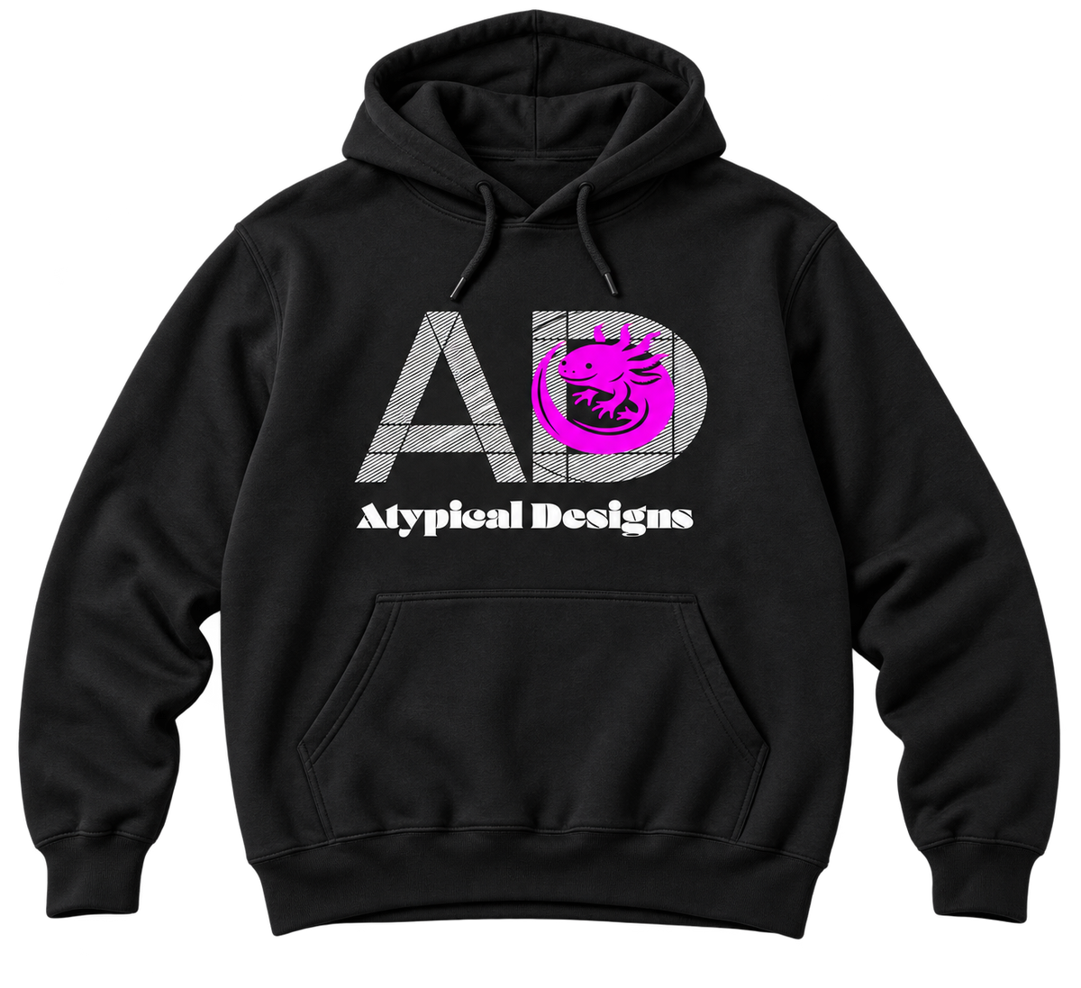 Custom Outerwear L black hoodie mockup featuring Atypical Designs logo