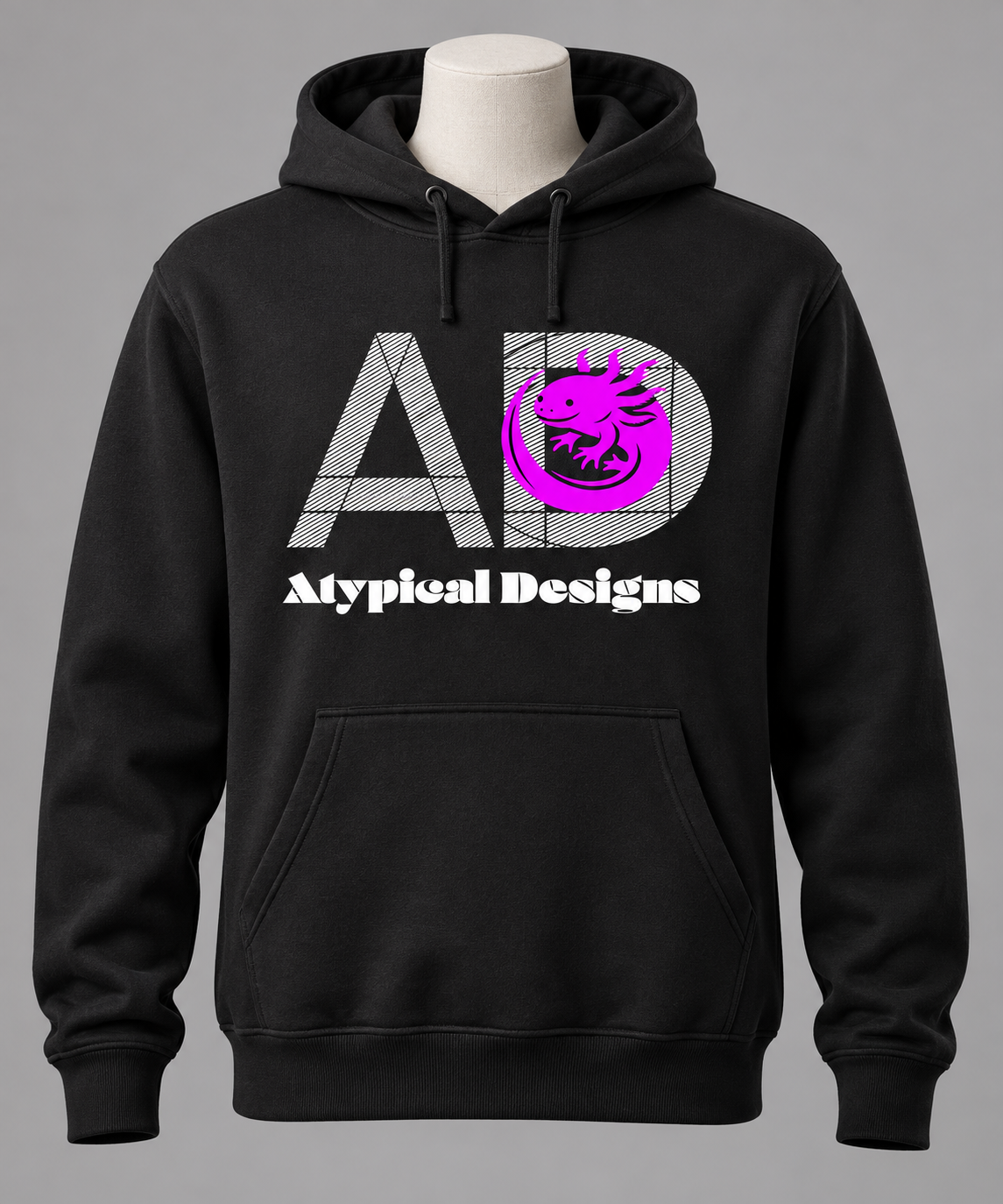 Custom Outerwear M black hoodie mockup featuring Atypical Designs logo