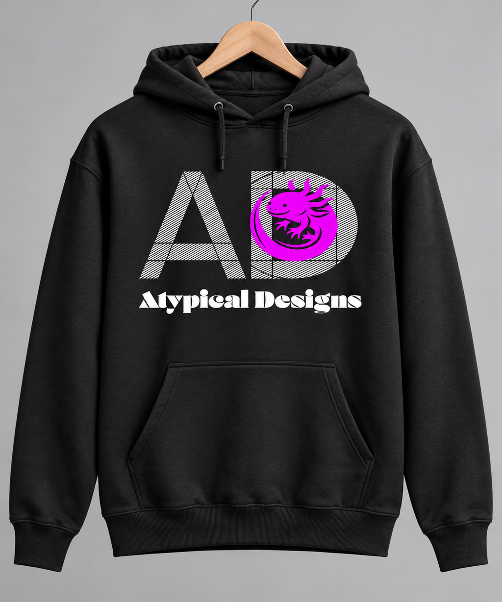 Custom Outerwear S black hoodie mockup featuring Atypical Designs logo
