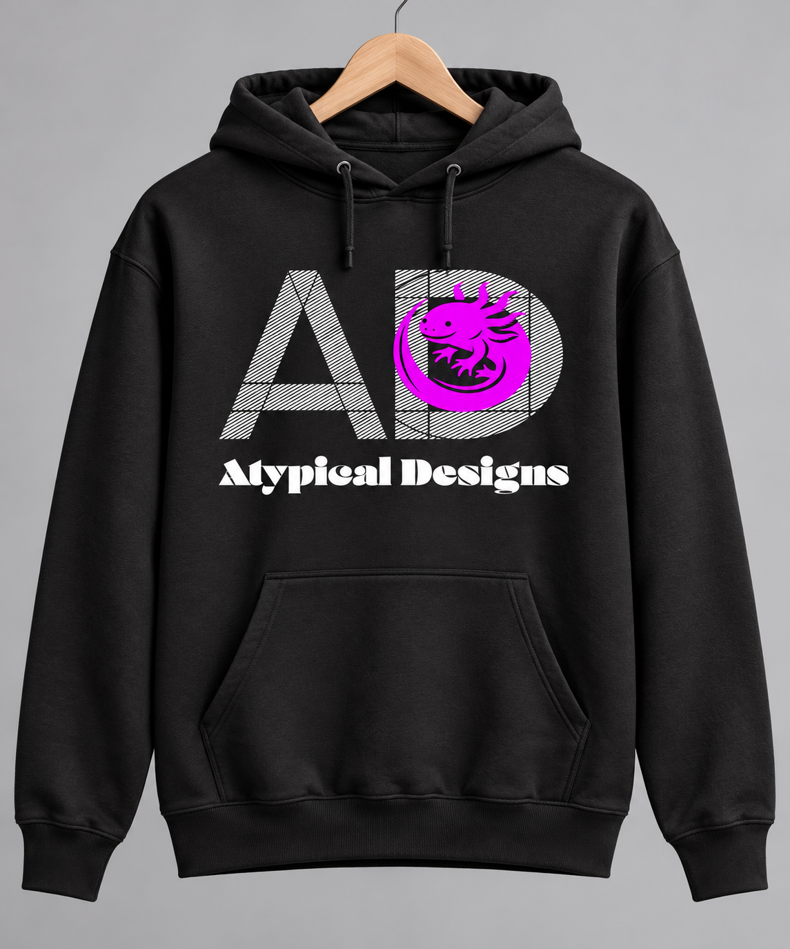 Custom Outerwear S black hoodie mockup featuring Atypical Designs logo