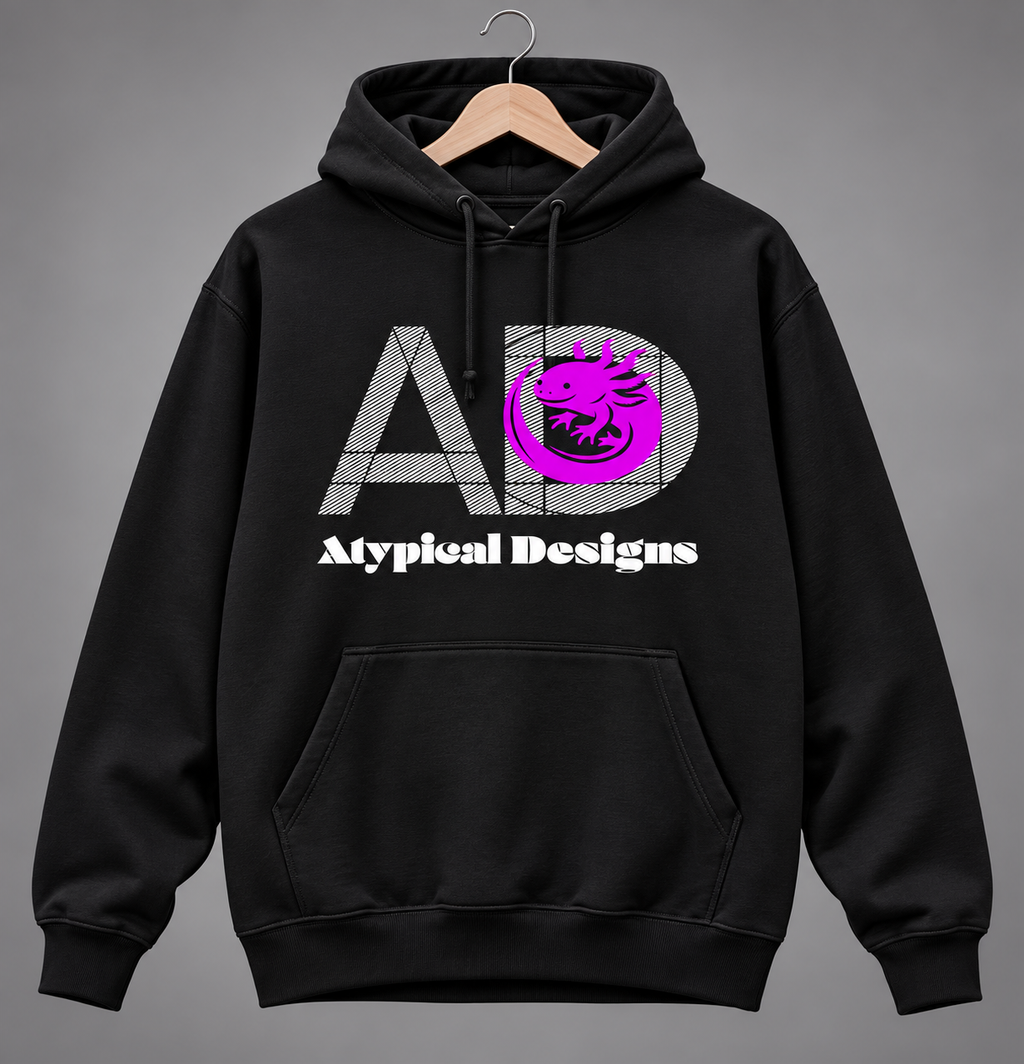 Custom Outerwear XL black hoodie mockup featuring Atypical Designs logo