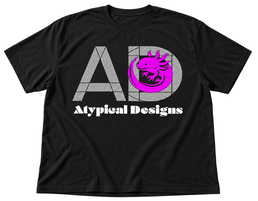 Custom Printed Shirts & Tops 2XL black shirt mockup featuring Atypical Designs logo