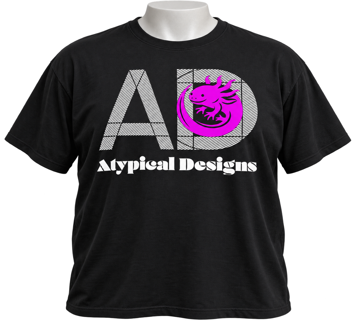 Custom Printed Shirts & Tops 3XL black shirt mockup featuring Atypical Designs logo