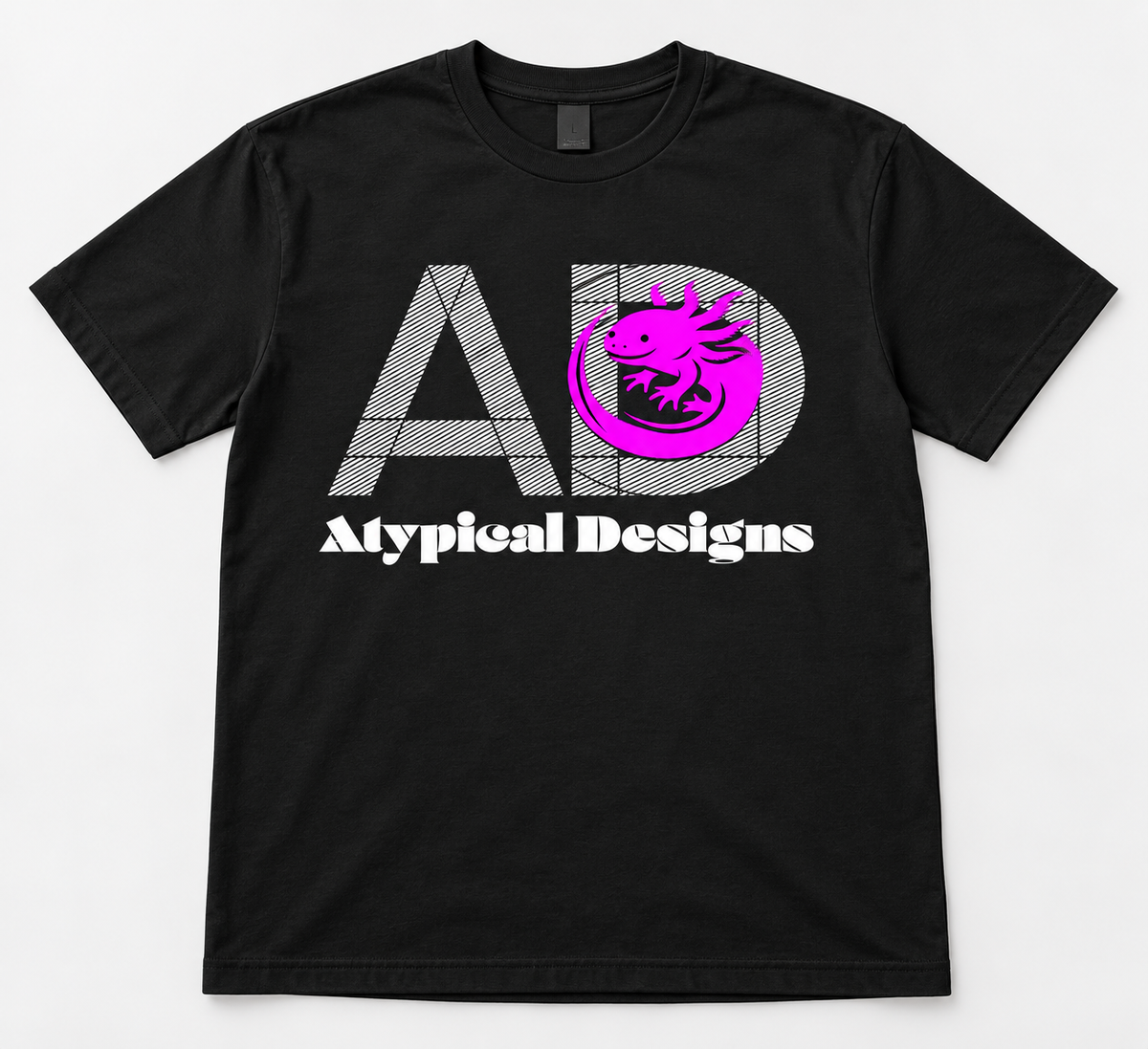 Custom Printed Shirts & Tops L black shirt mockup featuring Atypical Designs logo
