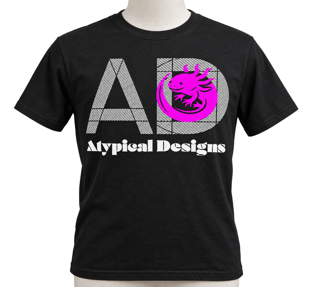 Custom Printed Shirts & Tops M black shirt mockup featuring Atypical Designs logo