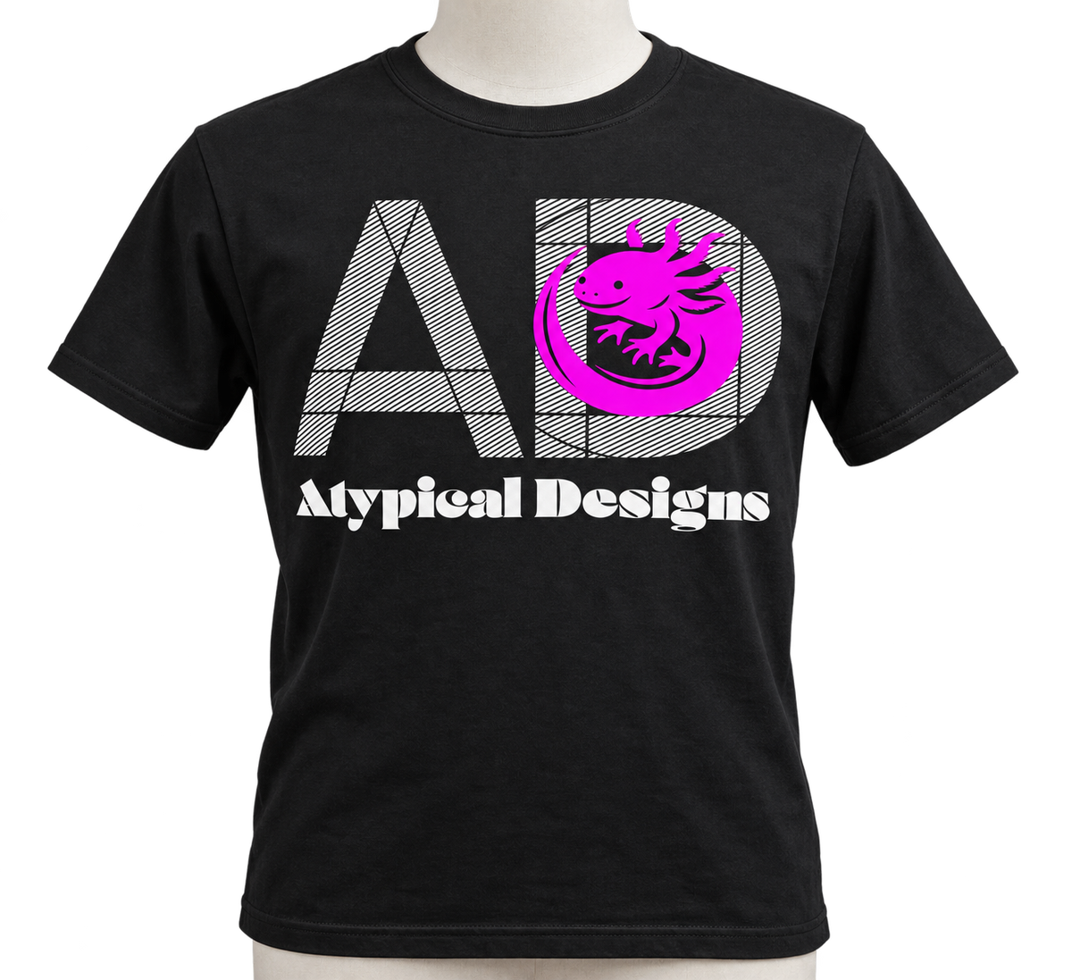 Custom Printed Shirts & Tops M black shirt mockup featuring Atypical Designs logo