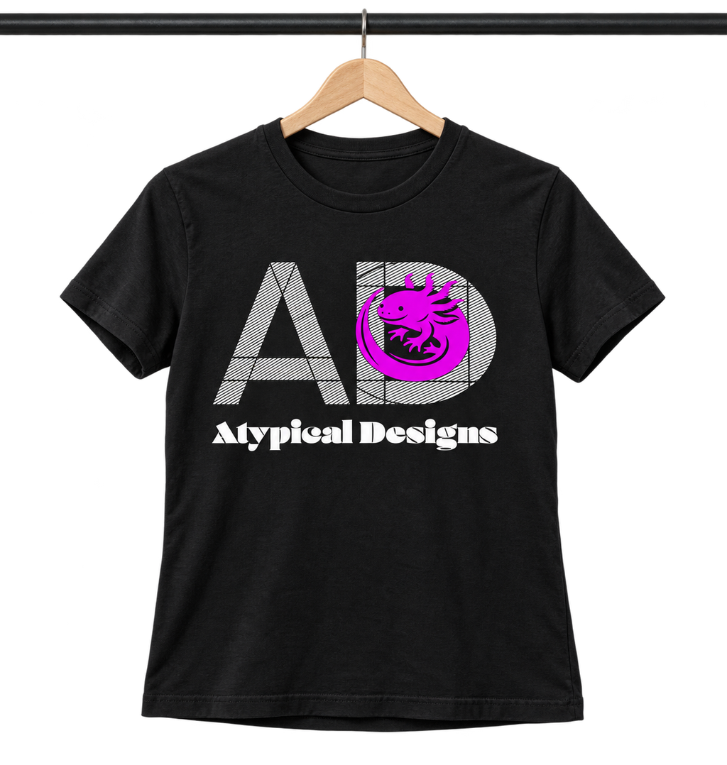 Custom Printed Shirts & Tops S black shirt mockup featuring Atypical Designs logo