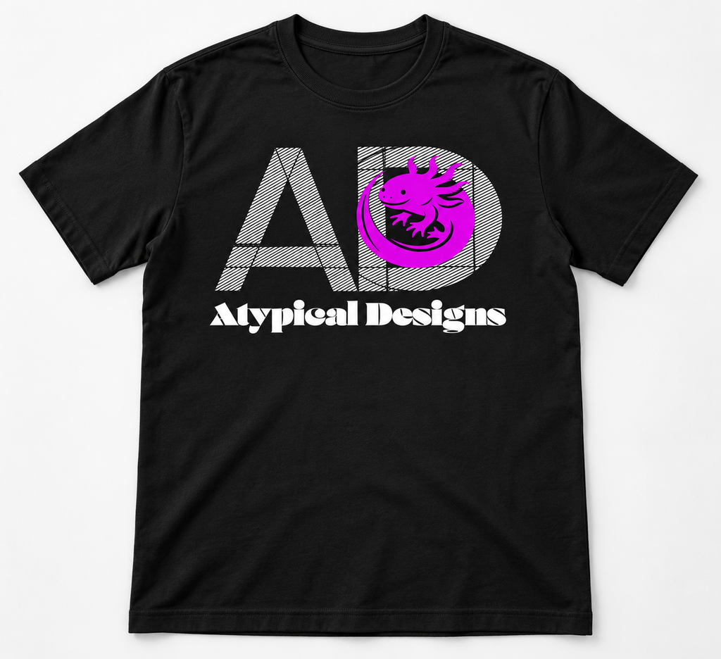 Custom Printed Shirts & Tops XL black shirt mockup featuring Atypical Designs logo