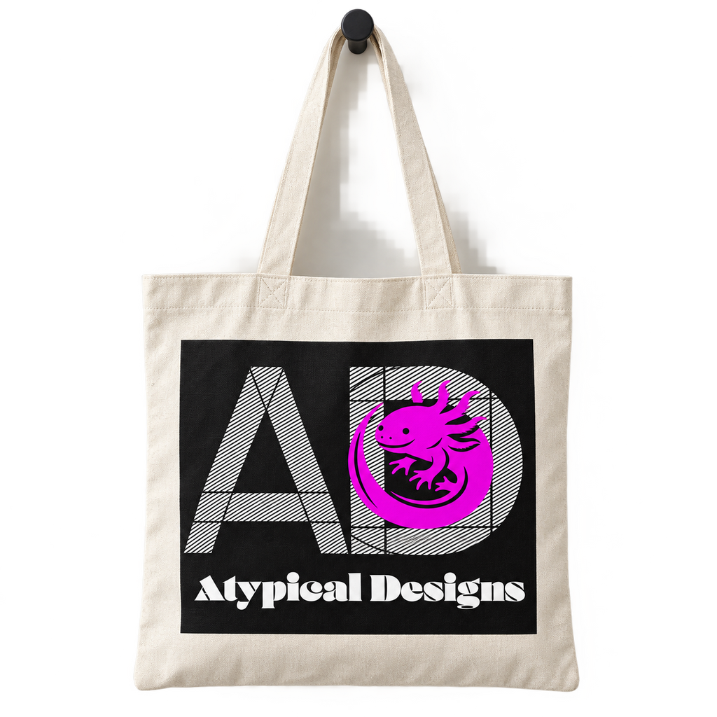 Custom Printed Bag or Tote 13 × 13 in natural canvas tote mockup with Atypical Designs logo