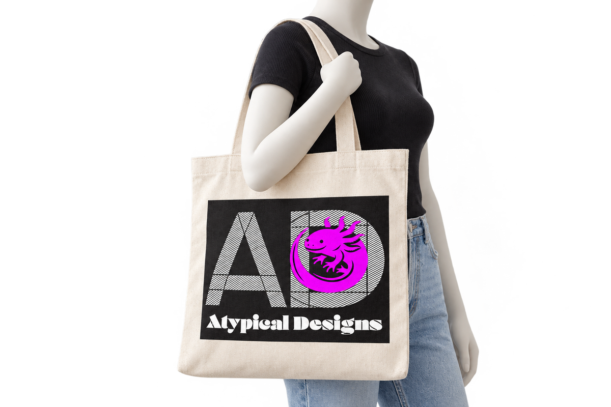 Custom Printed Bag or Tote 14 × 16 in natural canvas tote mockup with Atypical Designs logo