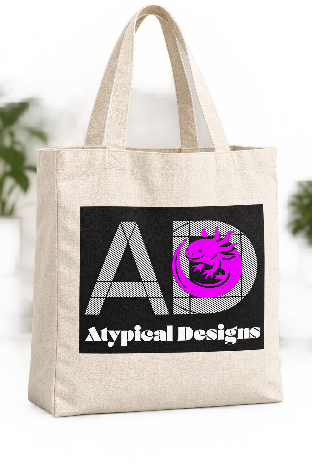 Custom Printed Bag or Tote 16 × 20 in natural canvas tote mockup with Atypical Designs logo