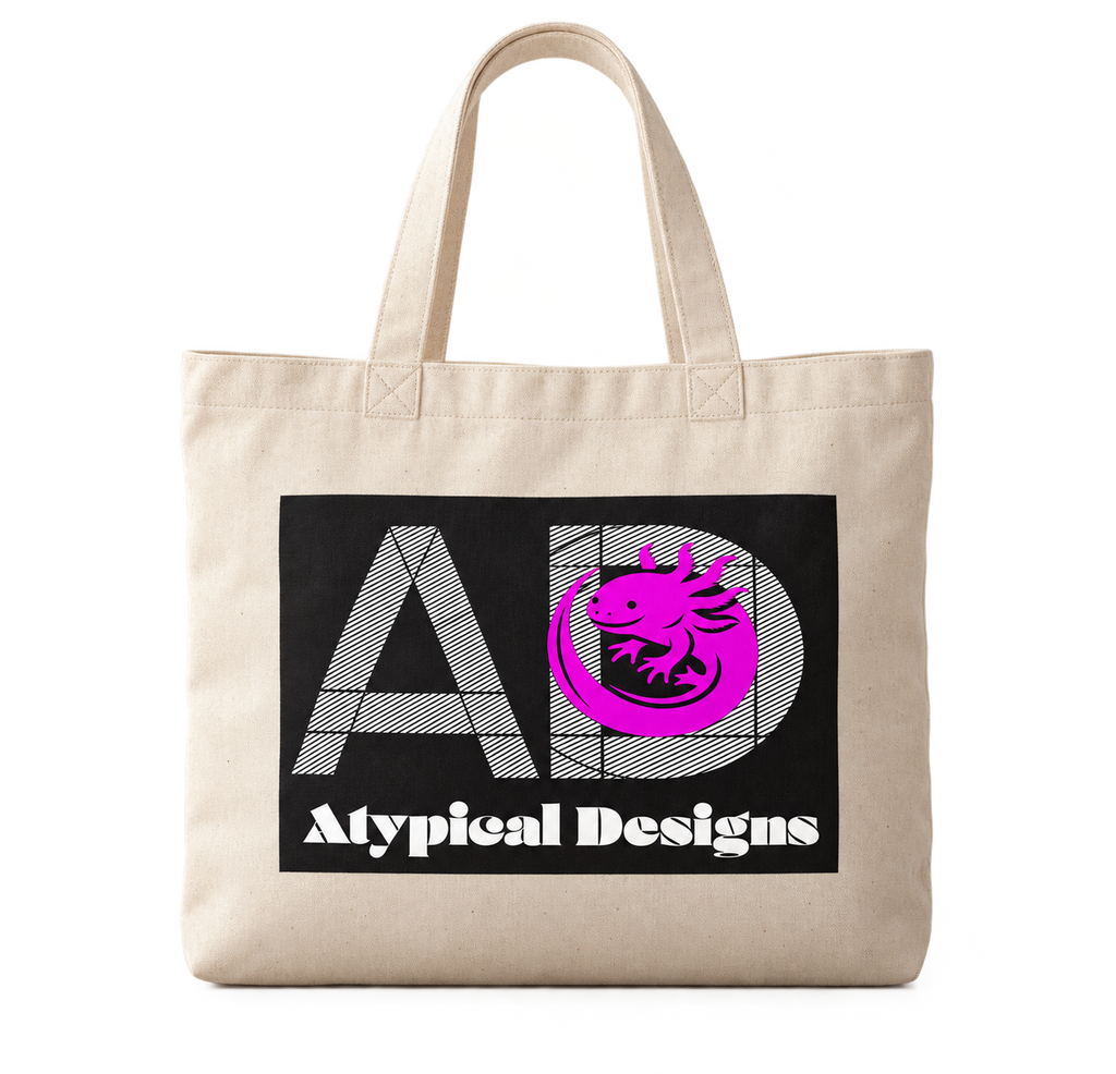 Custom Printed Bag or Tote 18 × 18 in natural canvas tote mockup with Atypical Designs logo