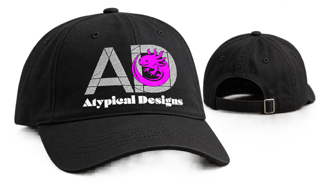 Custom DTF Headwear Adjustable (One Size) cap mockup with Atypical Designs printed graphic
