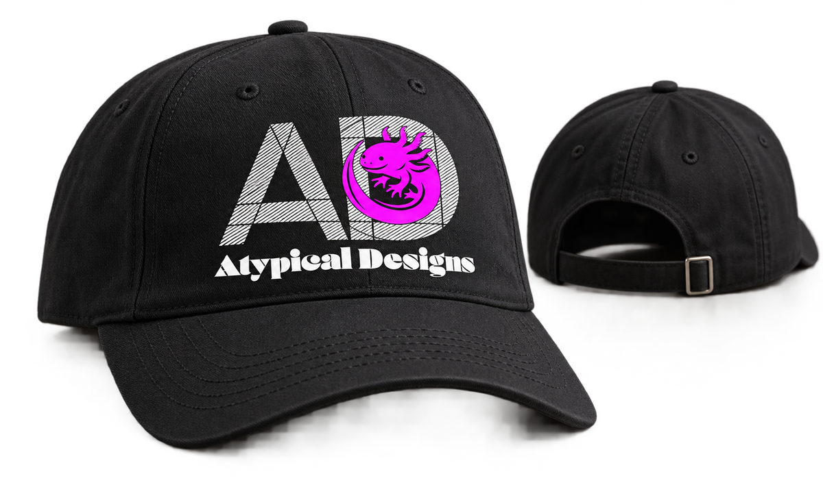 Custom DTF Headwear Adjustable (One Size) cap mockup with Atypical Designs printed graphic