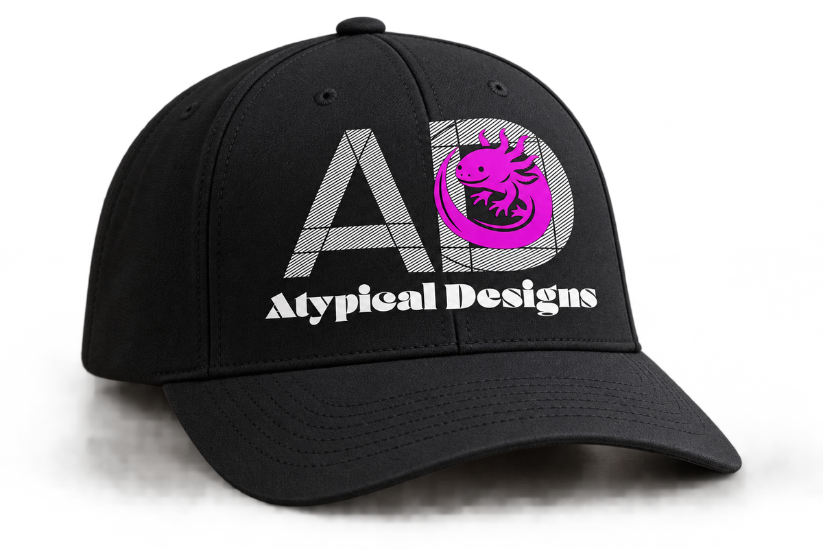 Custom DTF Headwear L/XL cap mockup with Atypical Designs printed graphic