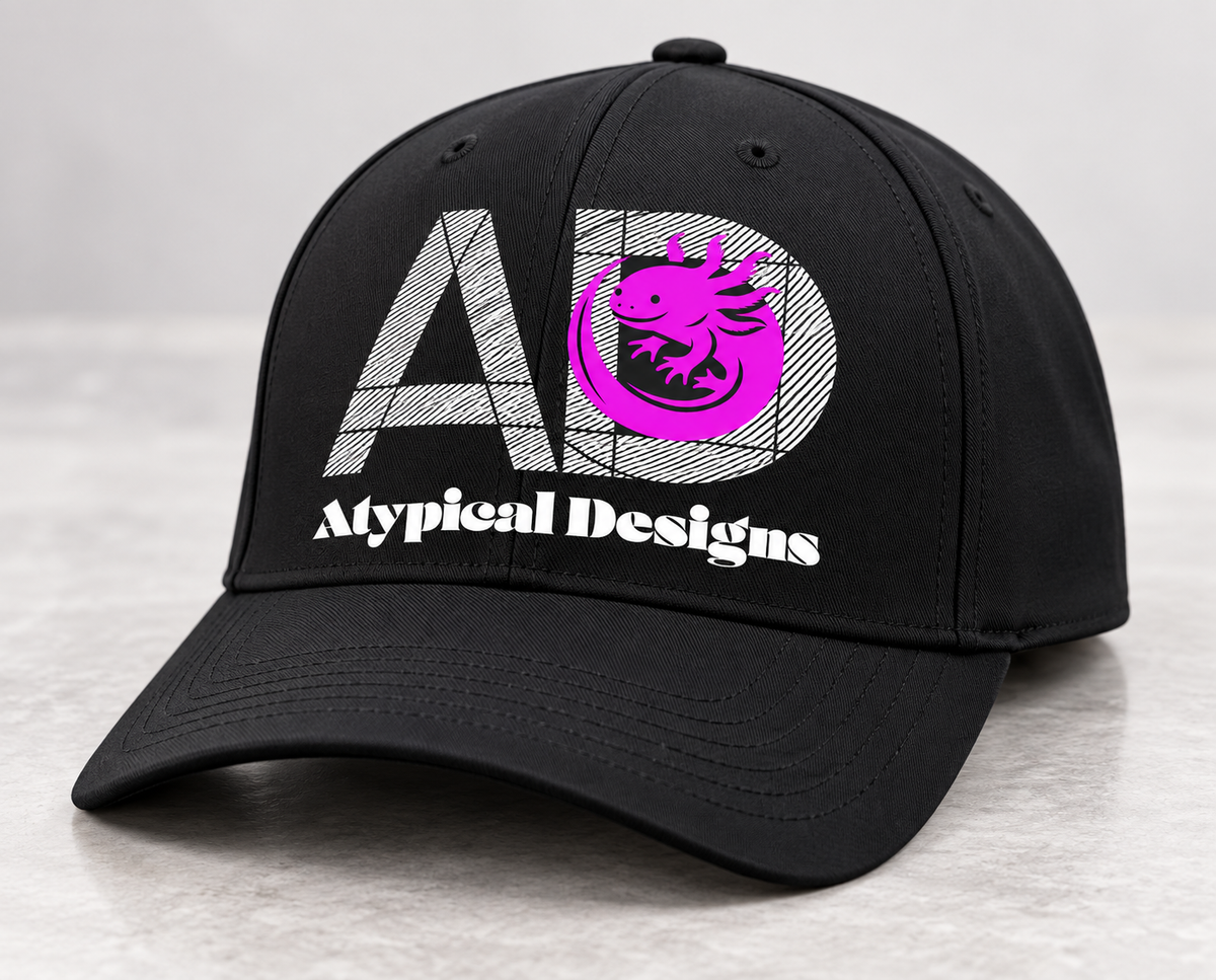 Custom DTF Headwear S/M cap mockup with Atypical Designs printed graphic