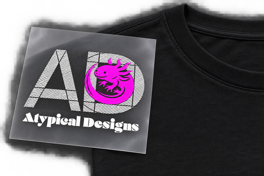 Custom DTF Graphic Transfer 3 × 3 in mockup featuring Atypical Designs logo on carrier film