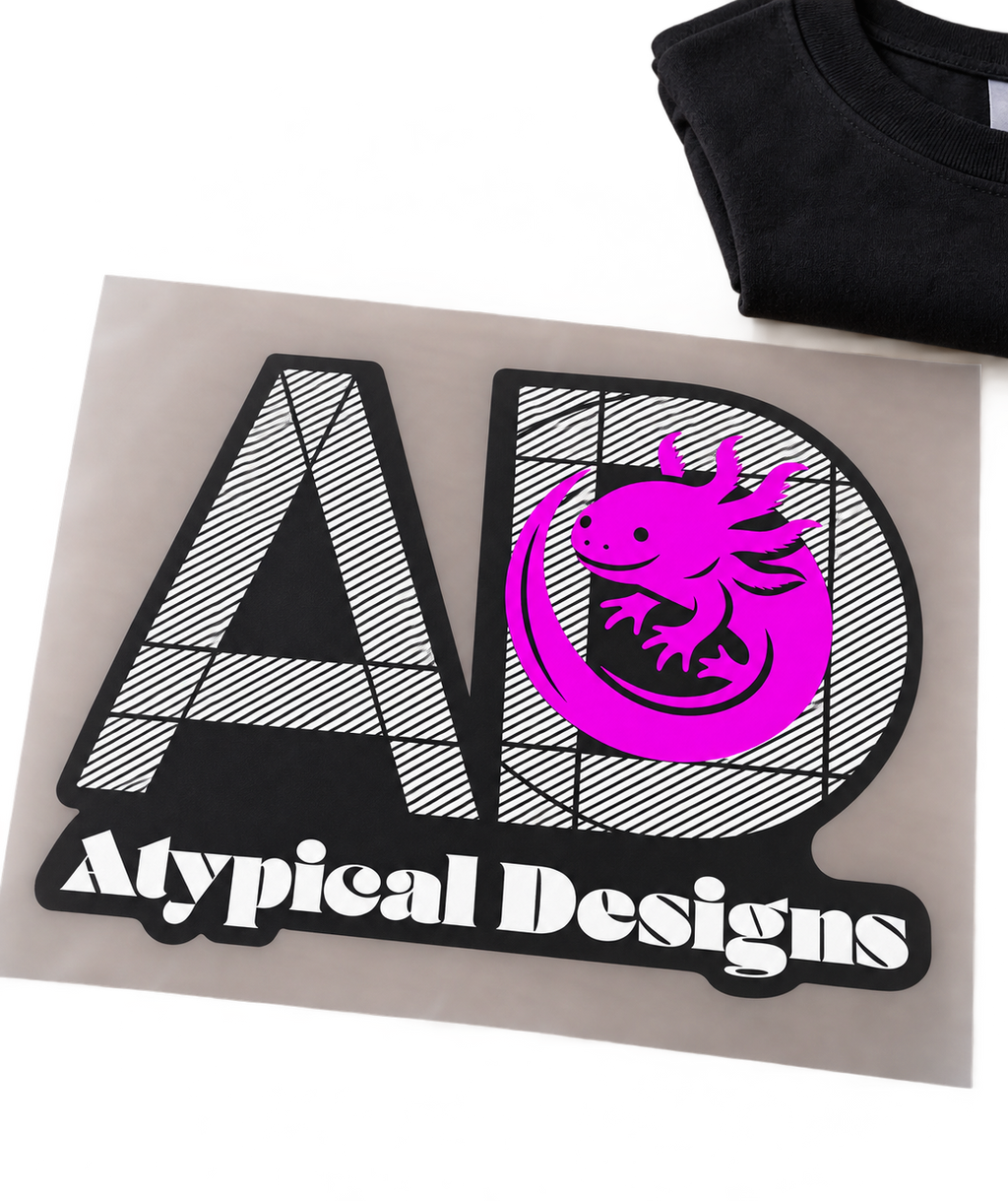 Custom DTF Graphic Transfer 8 × 10 in mockup featuring Atypical Designs logo on carrier film