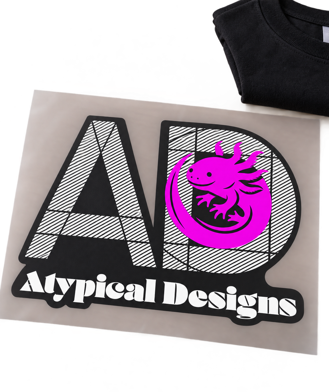 Custom DTF Graphic Transfer 8 × 10 in mockup featuring Atypical Designs logo on carrier film