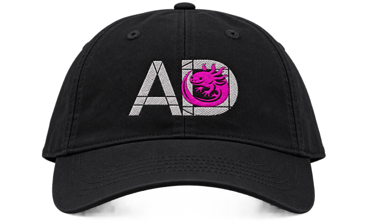 Custom Embroidered Item 2 × 2 in embroidery area mockup with Atypical Designs logo on cap