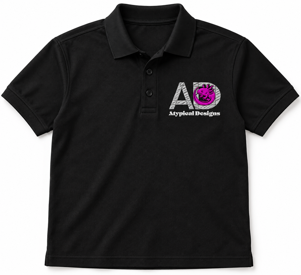 Custom Embroidered Item 3 × 3 in embroidery area mockup with Atypical Designs logo on polo shirt