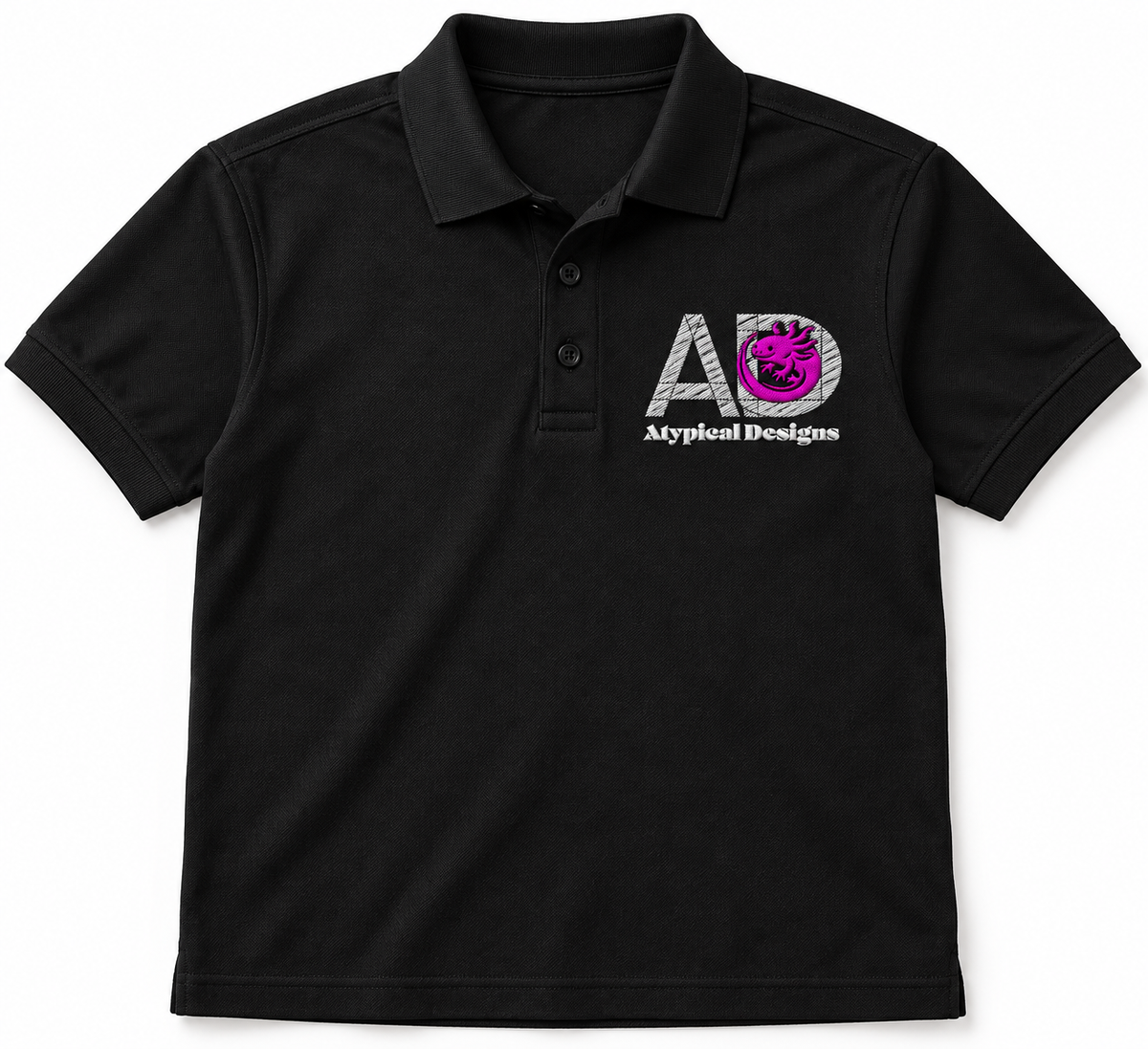 Custom Embroidered Item 3 × 3 in embroidery area mockup with Atypical Designs logo on polo shirt
