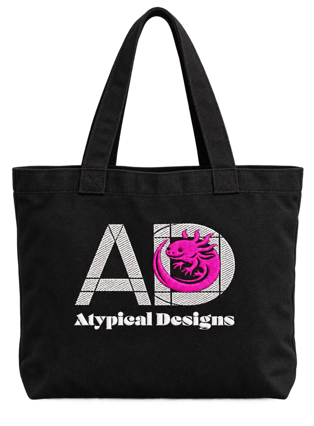 Custom Embroidered Item 4 × 4 in embroidery area mockup with Atypical Designs logo on tote bag