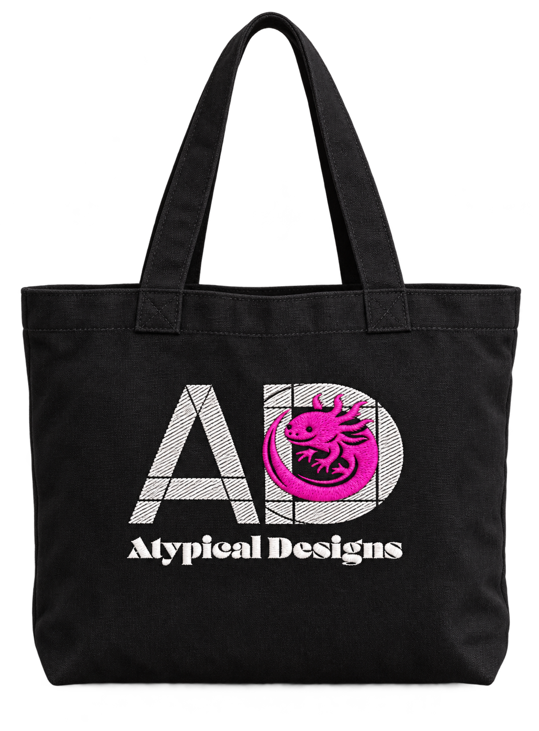 Custom Embroidered Item 4 × 4 in embroidery area mockup with Atypical Designs logo on tote bag