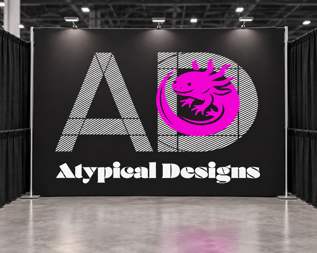 Atypical Designs exhibit graphic mockup, 10 by 8 feet; hardware shown for illustration