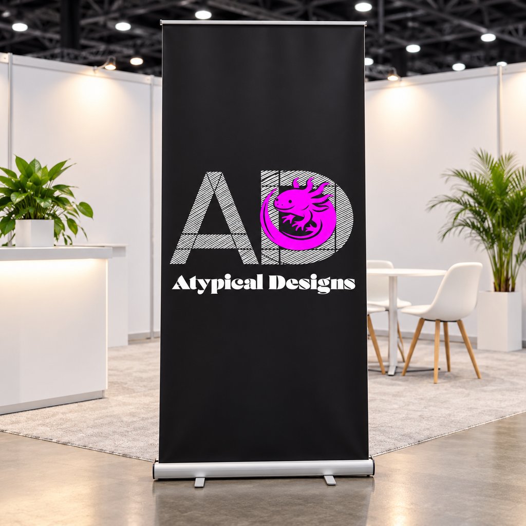 Atypical Designs exhibit graphic mockup, 33 by 80 inches; hardware shown for illustration
