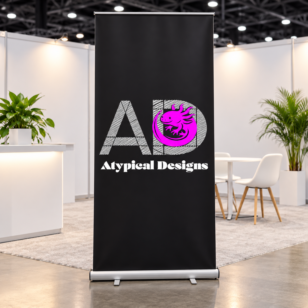 Atypical Designs exhibit graphic mockup, 33 by 80 inches; hardware shown for illustration