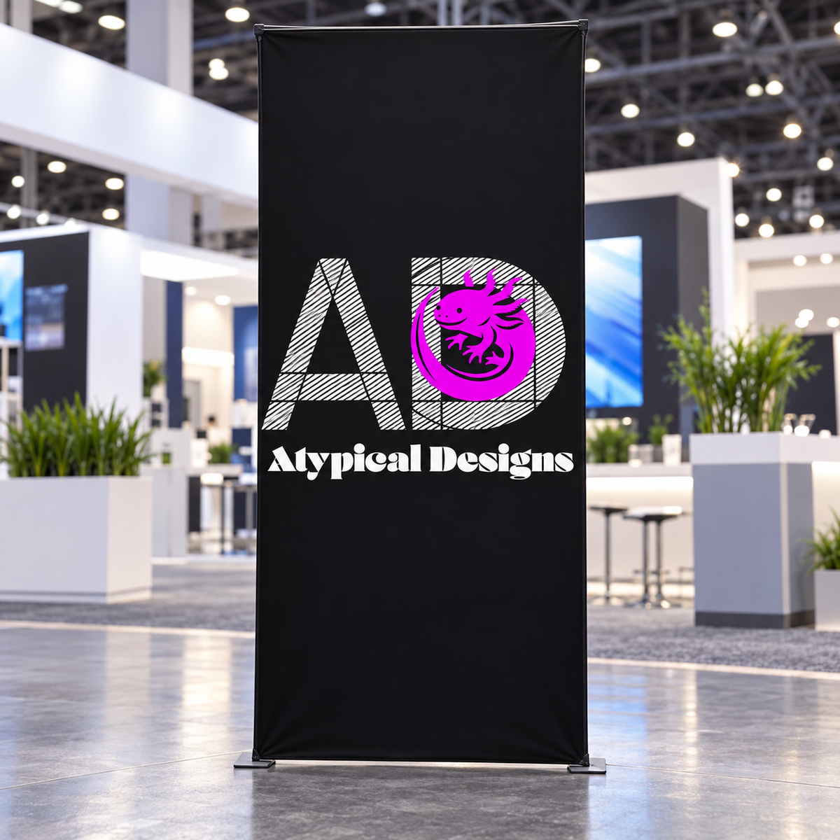 Atypical Designs exhibit graphic mockup, 36 by 90 inches; hardware shown for illustration