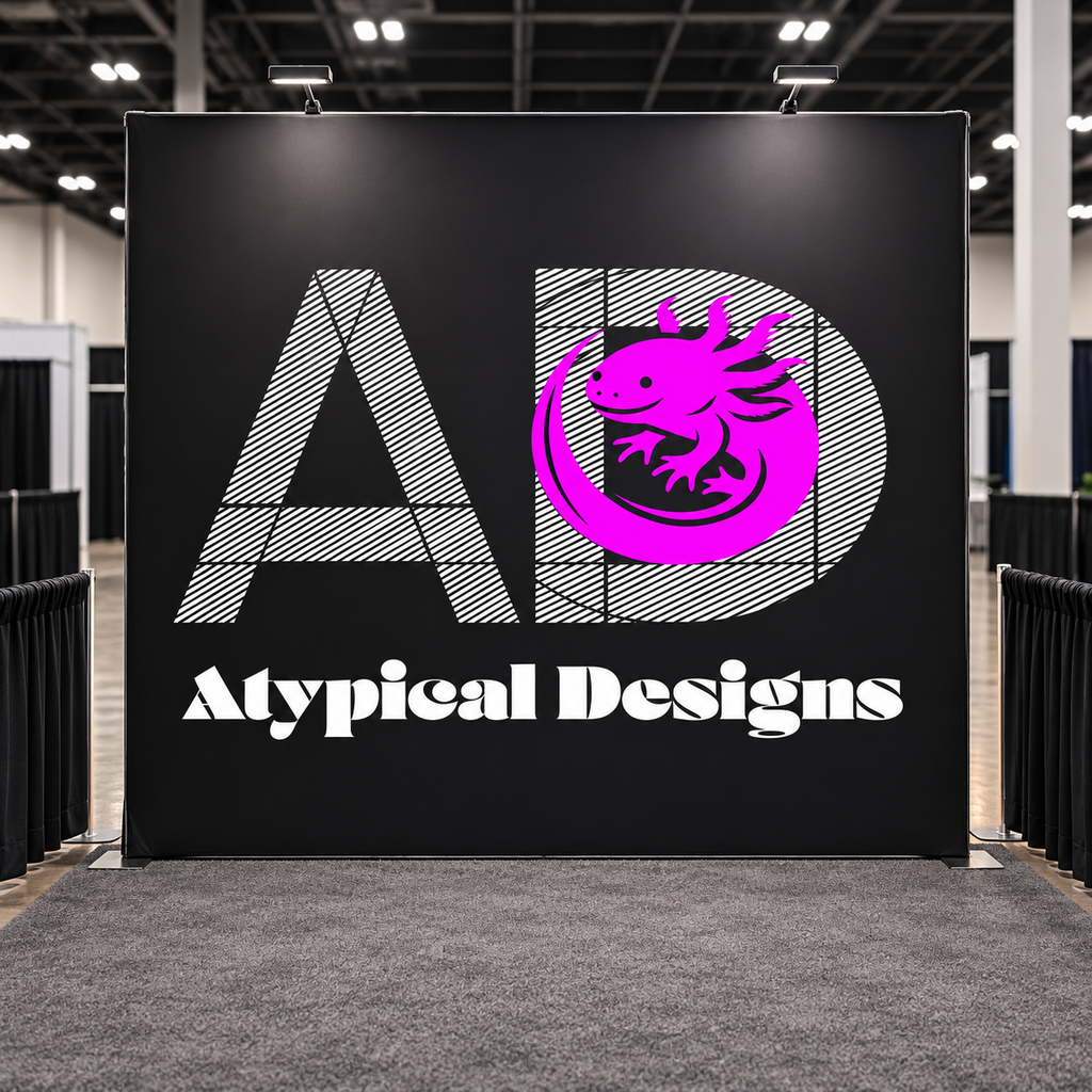 Atypical Designs exhibit graphic mockup, 8 by 8 feet; hardware shown for illustration