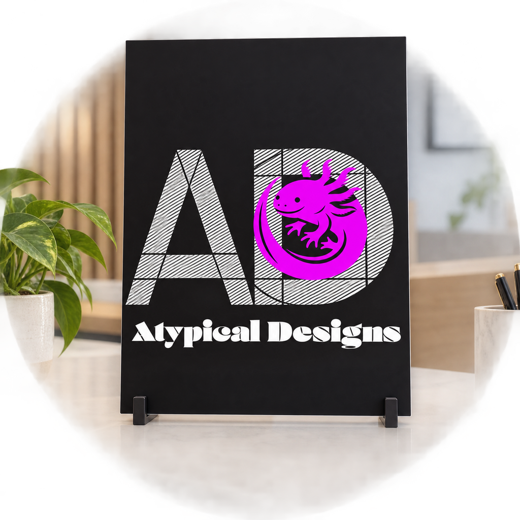 Custom Indoor Sign 11 × 17 in mockup featuring Atypical Designs logo