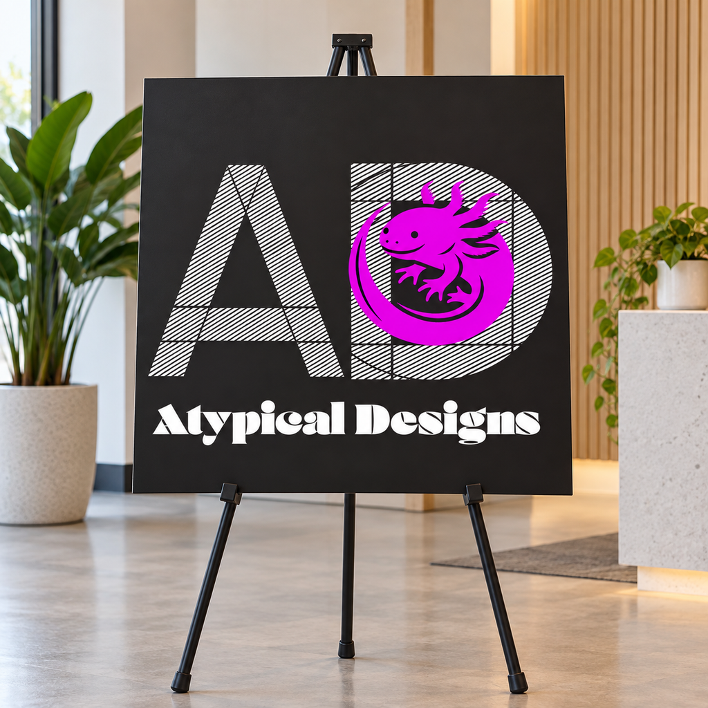 Custom Indoor Sign 18 × 24 in mockup featuring Atypical Designs logo