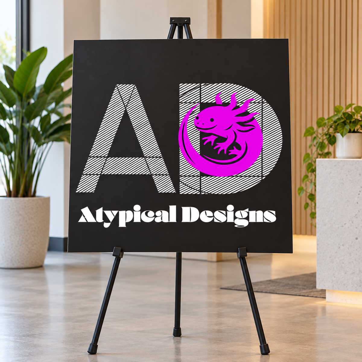 Custom Indoor Sign 18 × 24 in mockup featuring Atypical Designs logo