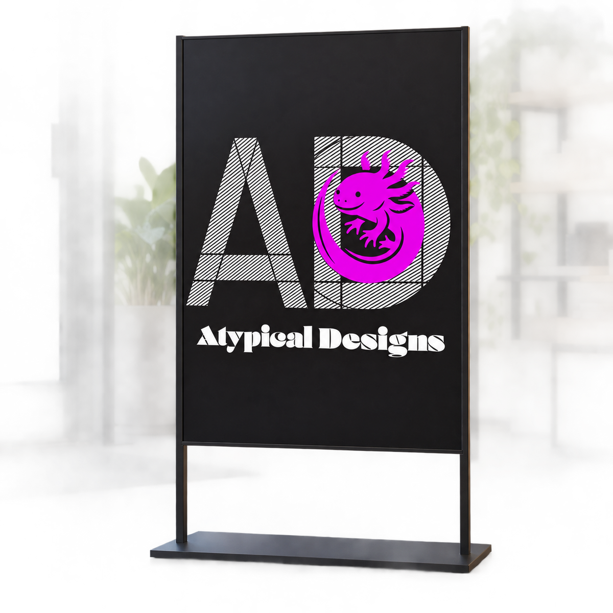 Custom Indoor Sign 24 × 36 in mockup featuring Atypical Designs logo