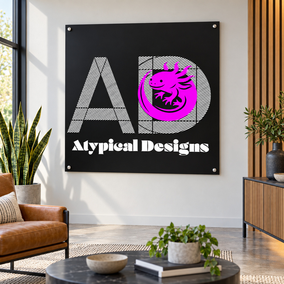 Custom Indoor Sign 36 × 48 in mockup featuring Atypical Designs logo